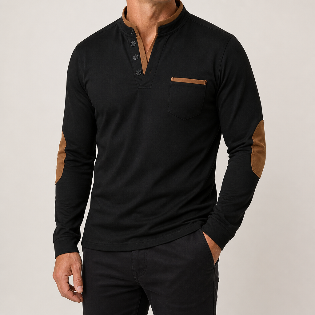 Andrew | Mens Long Sleeve Polo Shirt Stand Collar Color Block Top, Black