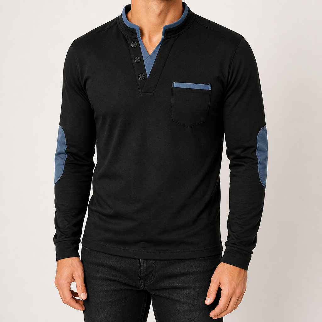 Andrew | Mens Long Sleeve Polo Shirt Stand Collar Color Block Top, Blue