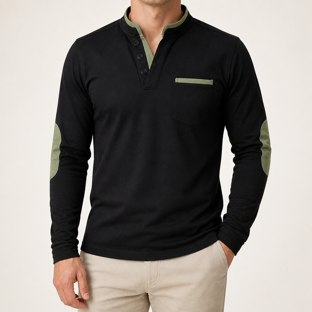Andrew | Mens Long Sleeve Polo Shirt Stand Collar Color Block Top, Green