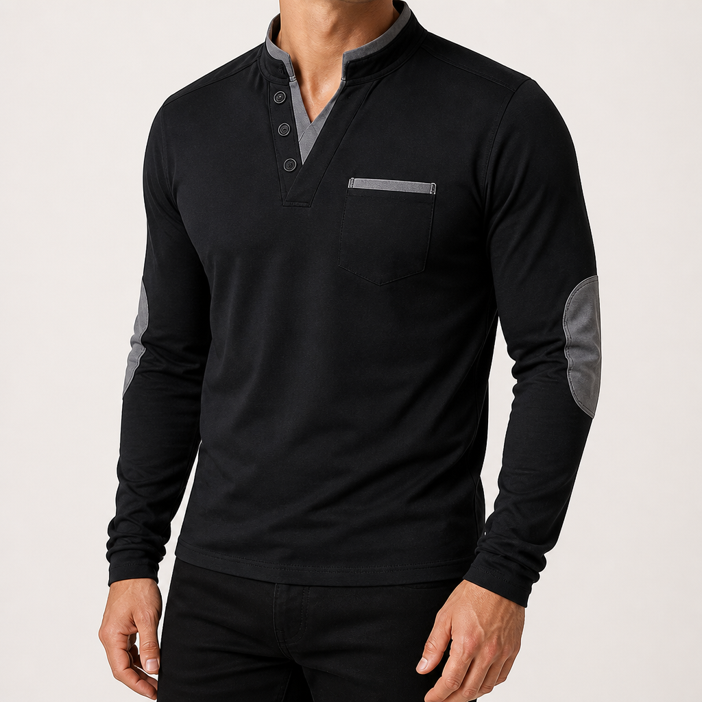 Andrew | Mens Long Sleeve Polo Shirt Stand Collar Color Block Top, Grey