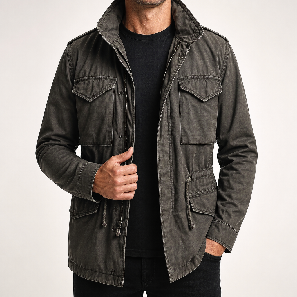 Andy | Mens M65 Field Jacket Multi Pocket Utility Military Style Coat, Black
