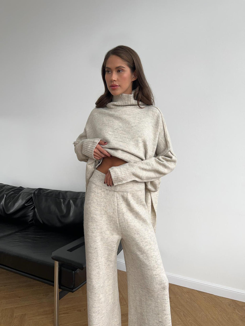 Angelina | Womens High Neck Knit Sweater And Pants Two Piece Set