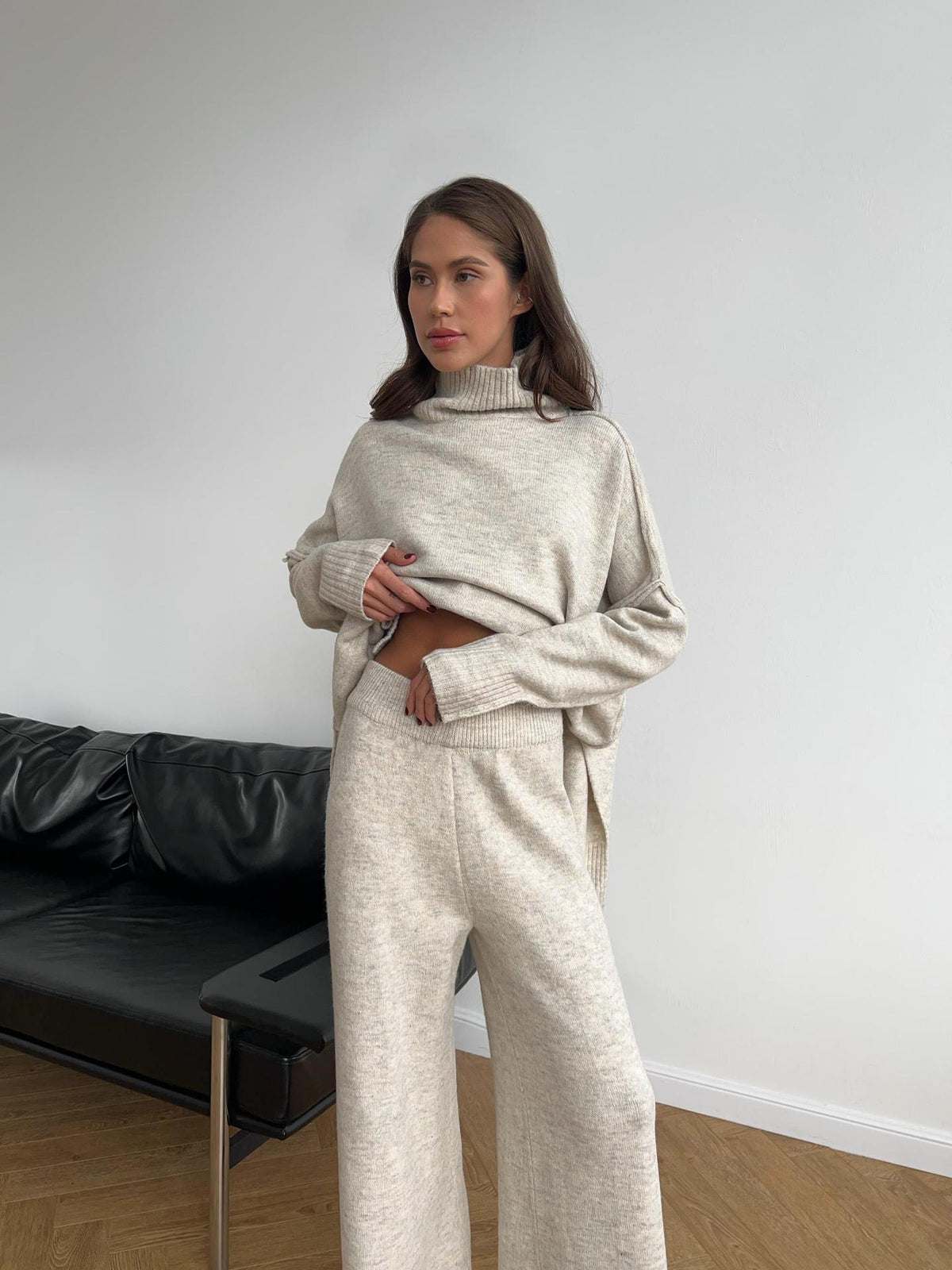 Angelina | Womens High Neck Knit Sweater And Pants Two Piece Set