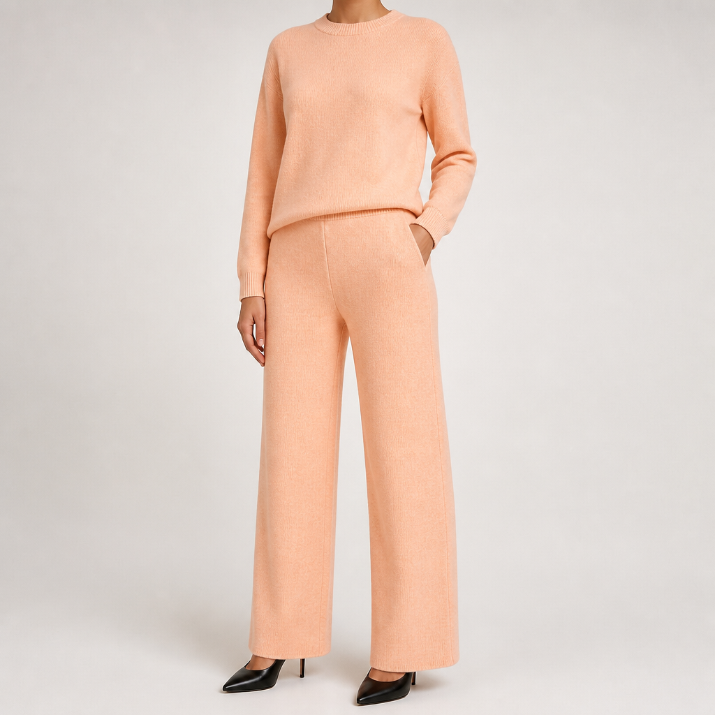 Angelina | Womens High Neck Knit Sweater And Pants Two Piece Set, Apricot