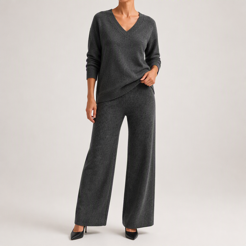 Angelina | Womens High Neck Knit Sweater And Pants Two Piece Set, Grey