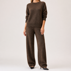 Angelina | Womens High Neck Knit Sweater And Pants Two Piece Set, Brown