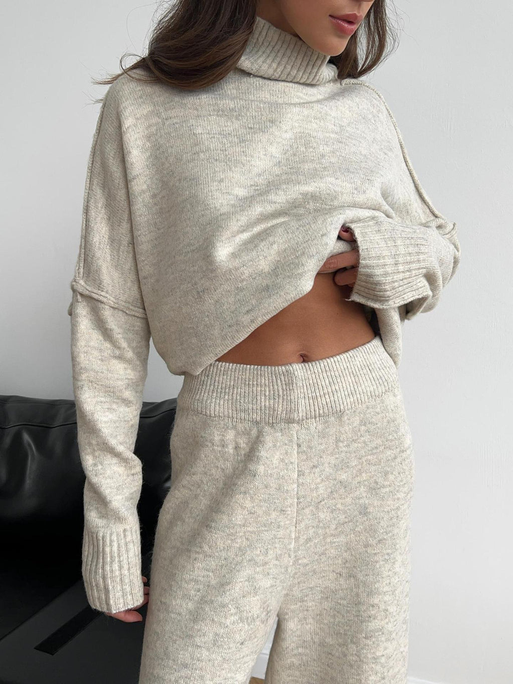 Angelina | Womens High Neck Knit Sweater And Pants Two Piece Set