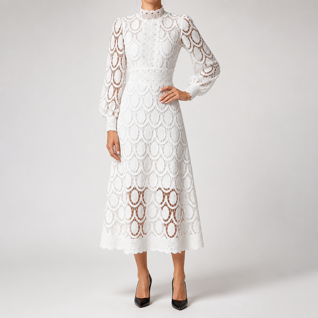 Angie | Womens Lace Wedding Guest Long Dress Puff Sleeve A Line, White