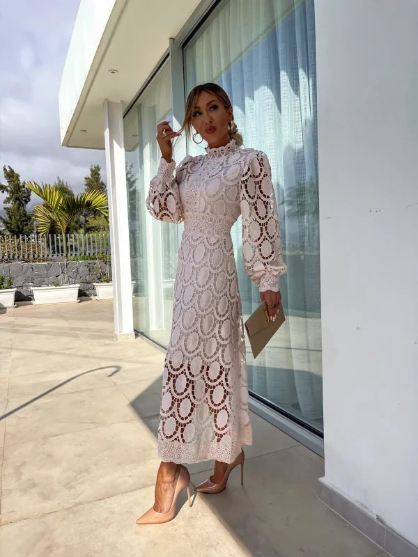 Angie | Womens Lace Wedding Guest Long Dress Puff Sleeve A Line