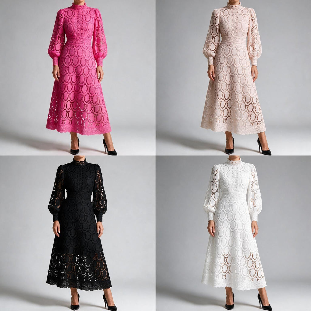 Angie | Womens Lace Wedding Guest Long Dress Puff Sleeve A Line