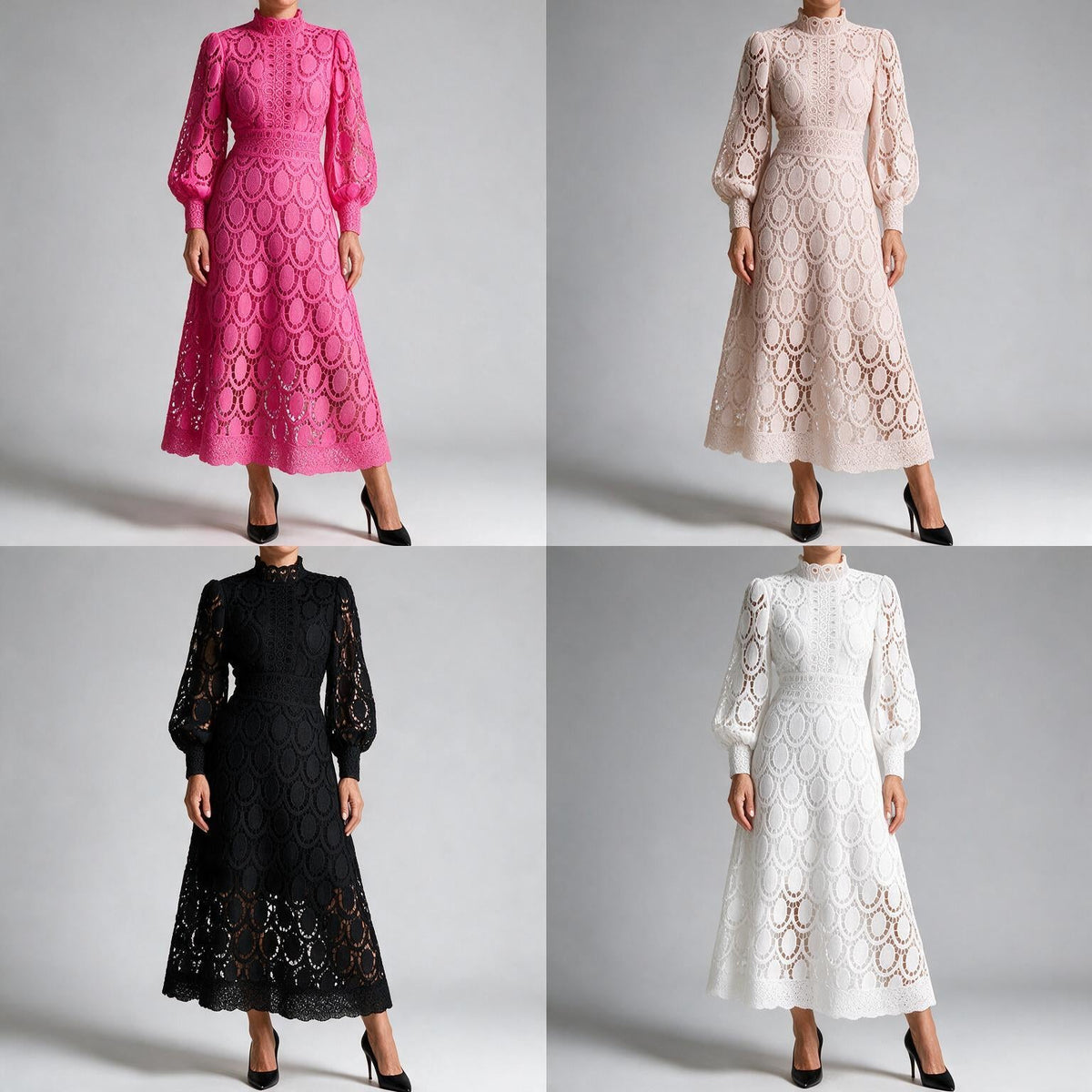 Angie | Womens Lace Wedding Guest Long Dress Puff Sleeve A Line
