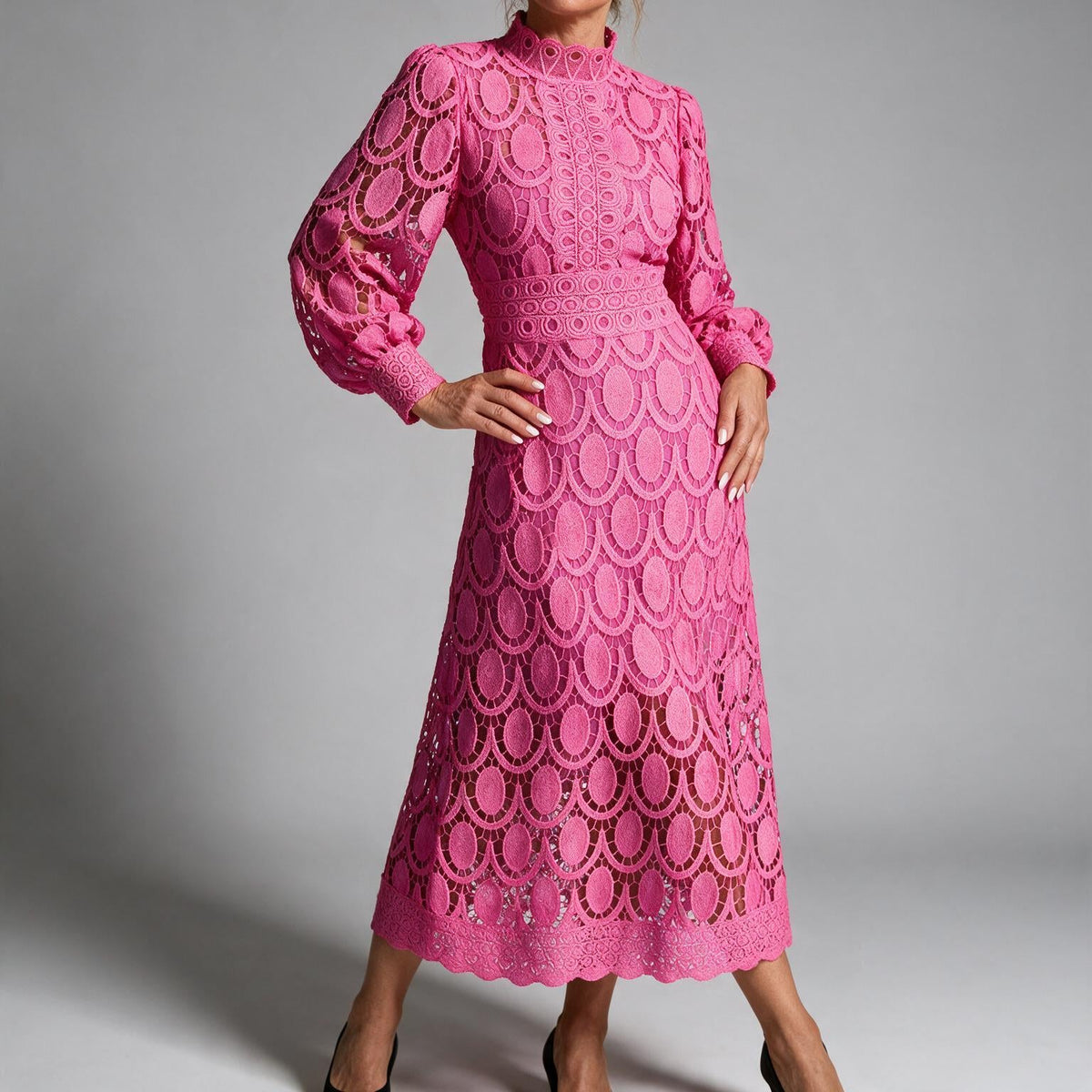 Angie | Womens Lace Wedding Guest Long Dress Puff Sleeve A Line