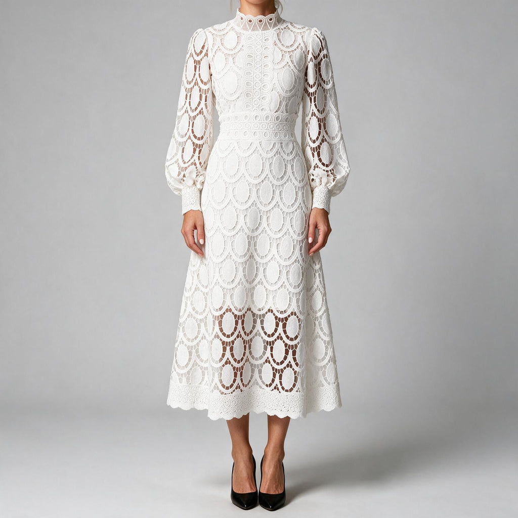 Angie | Womens Lace Wedding Guest Long Dress Puff Sleeve A Line