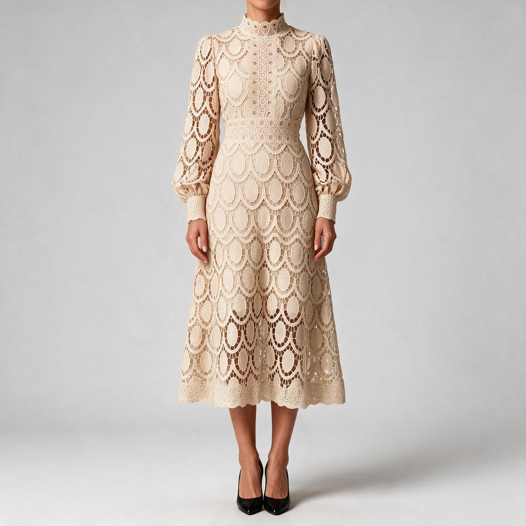 Angie | Womens Lace Wedding Guest Long Dress Puff Sleeve A Line