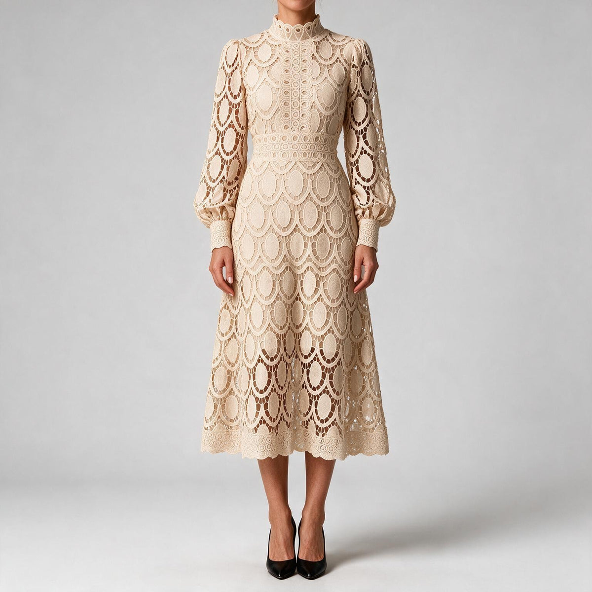 Angie | Womens Lace Wedding Guest Long Dress Puff Sleeve A Line
