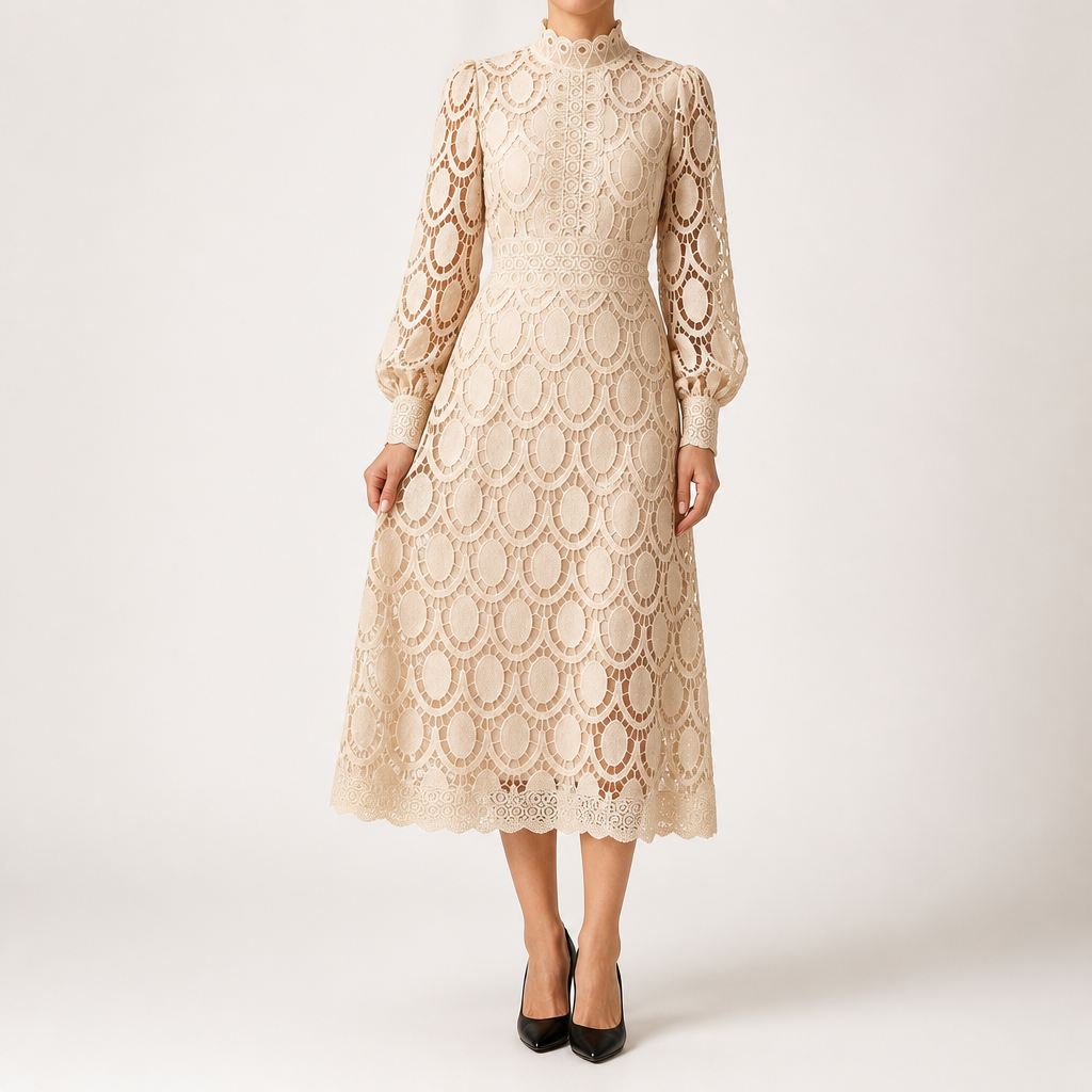 Angie | Womens Lace Wedding Guest Long Dress Puff Sleeve A Line, Apricot