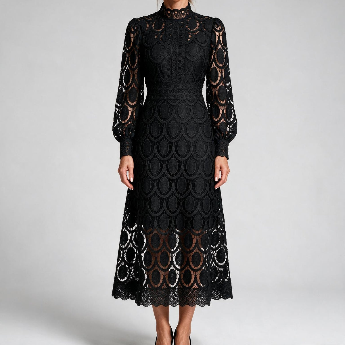 Angie | Womens Lace Wedding Guest Long Dress Puff Sleeve A Line