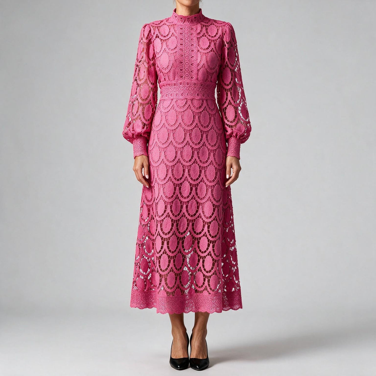 Angie | Womens Lace Wedding Guest Long Dress Puff Sleeve A Line