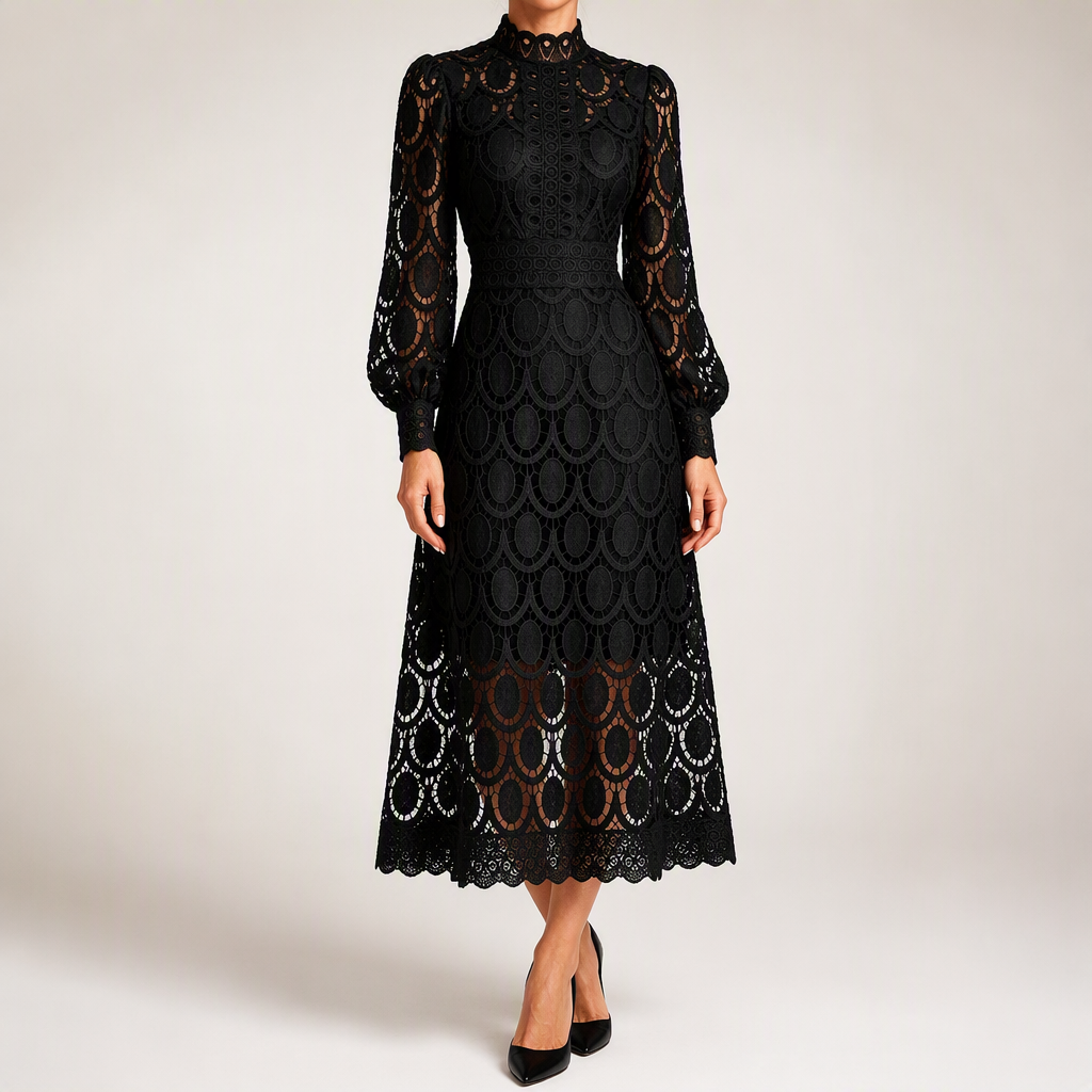 Angie | Womens Lace Wedding Guest Long Dress Puff Sleeve A Line, Black