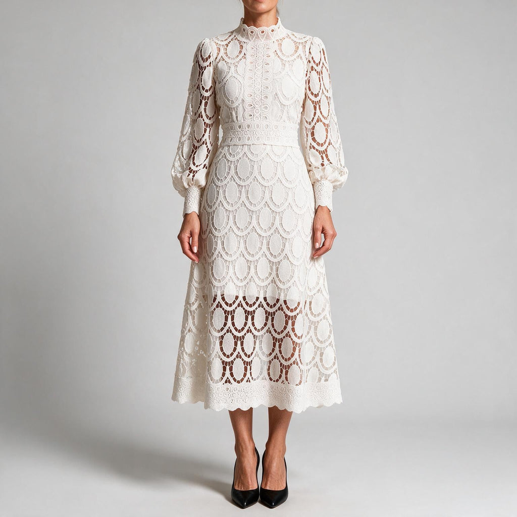 Angie | Womens Lace Wedding Guest Long Dress Puff Sleeve A Line
