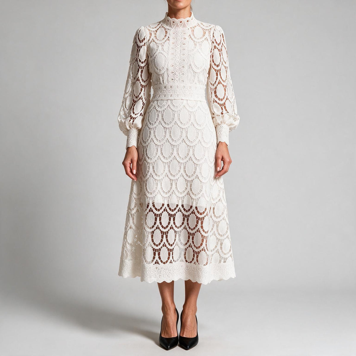 Angie | Womens Lace Wedding Guest Long Dress Puff Sleeve A Line