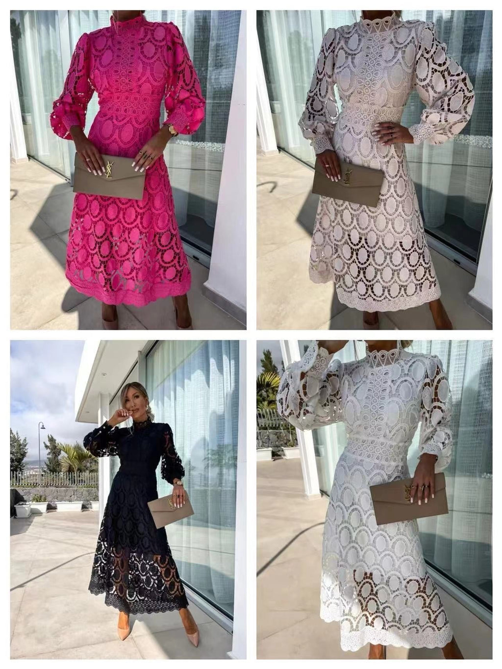 Angie | Womens Lace Wedding Guest Long Dress Puff Sleeve A Line