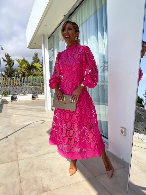 Angie | Womens Lace Wedding Guest Long Dress Puff Sleeve A Line