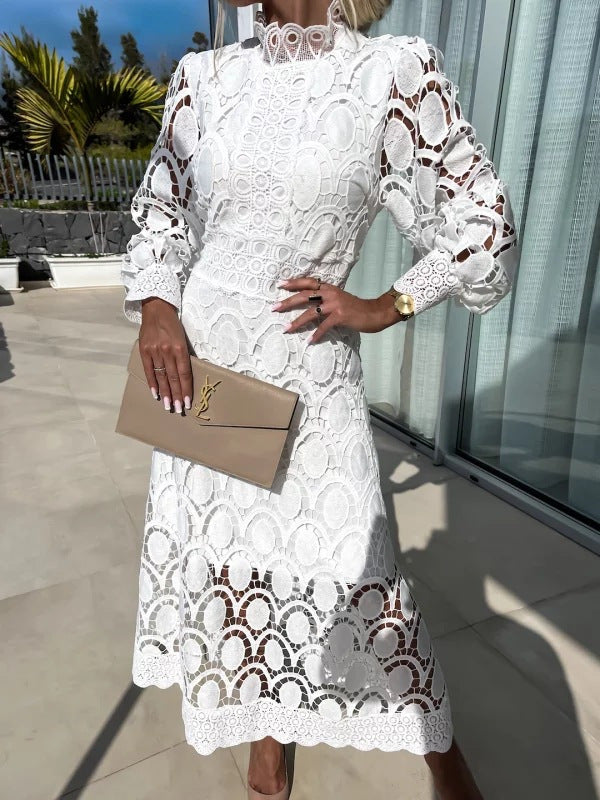 Angie | Womens Lace Wedding Guest Long Dress Puff Sleeve A Line