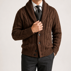 Angus | Mens Lapel Cable Knit Chunky Knitted Cardigan, Brown