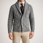Angus | Mens Lapel Cable Knit Chunky Knitted Cardigan, Grey