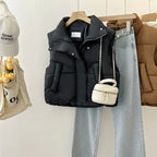 Anita | Womens Cropped Stand Collar Lightweight Quilted Puffer Vest Jacket, Black