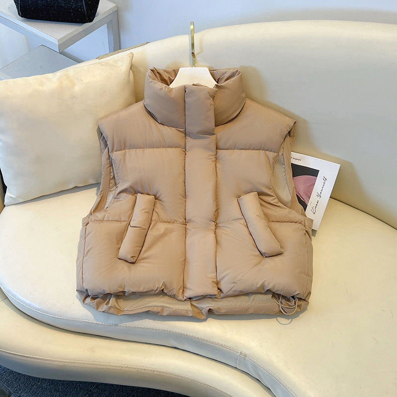 Anita | Womens Cropped Stand Collar Lightweight Quilted Puffer Vest Jacket, Khaki
