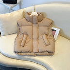 Anita | Womens Cropped Stand Collar Lightweight Quilted Puffer Vest Jacket, Khaki