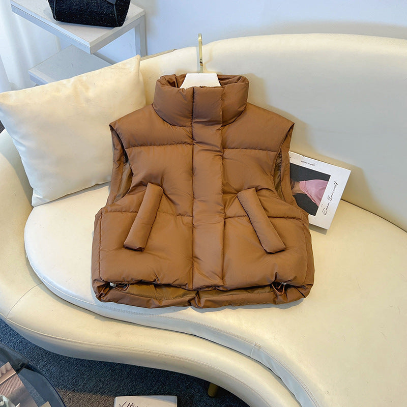 Anita | Womens Cropped Stand Collar Lightweight Quilted Puffer Vest Jacket, Coffee