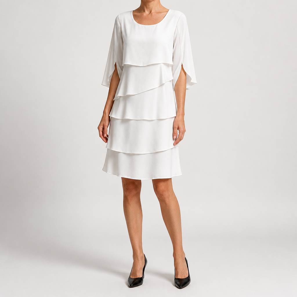 Annette | Womens Wedding Guest Round Neck Tiered Patchwork Midi Dress, White