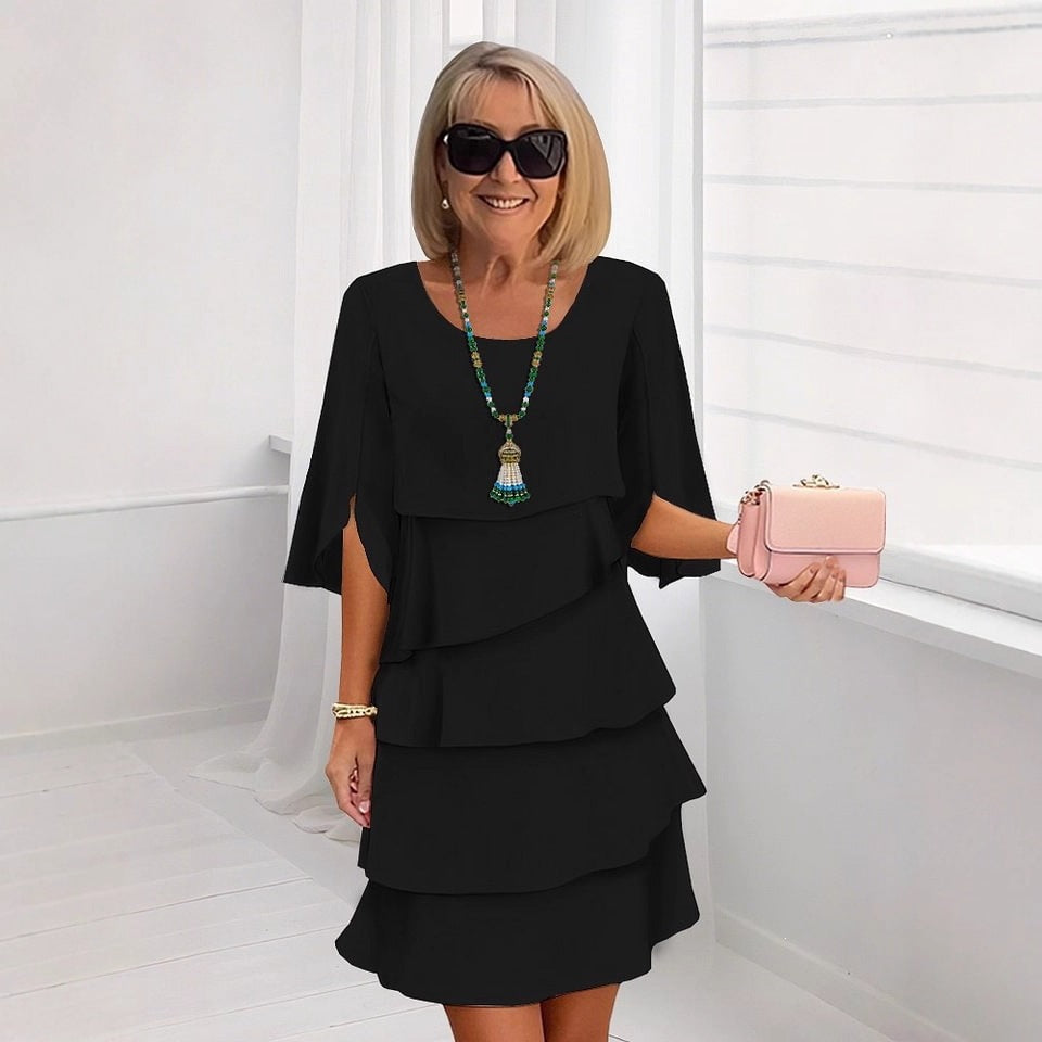 Annette | Womens Wedding Guest Round Neck Tiered Patchwork Midi Dress