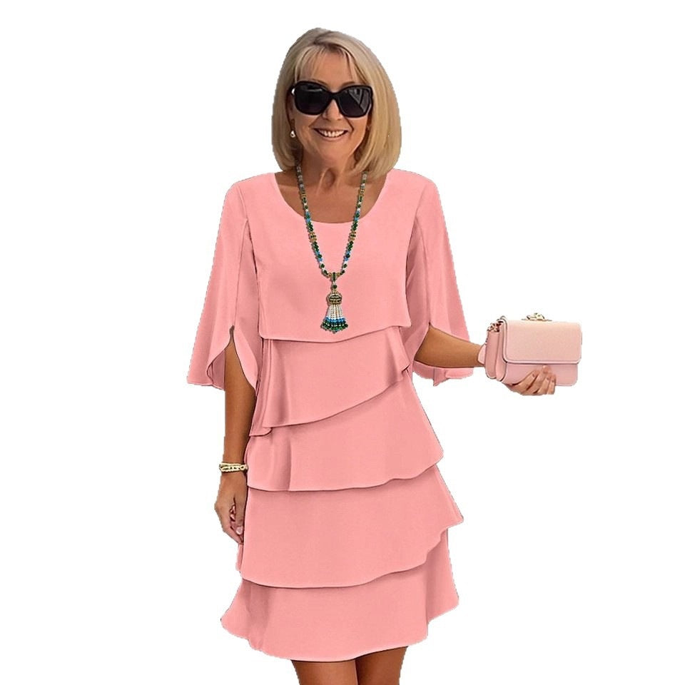 Annette | Womens Wedding Guest Round Neck Tiered Patchwork Midi Dress