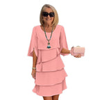 Annette | Womens Wedding Guest Round Neck Tiered Patchwork Midi Dress