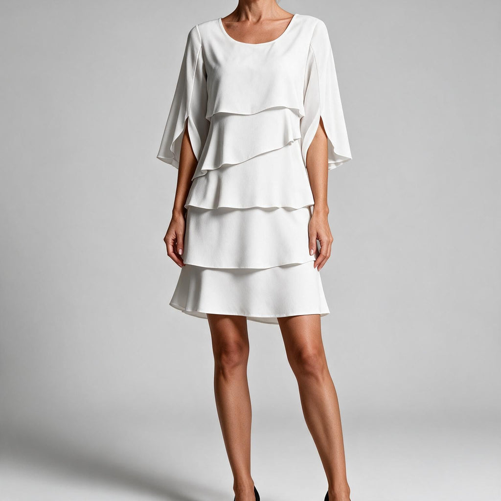 Annette | Womens Wedding Guest Round Neck Tiered Patchwork Midi Dress