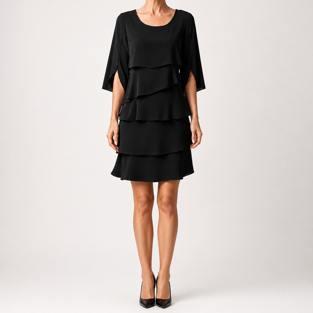 Annette | Womens Wedding Guest Round Neck Tiered Patchwork Midi Dress, Black