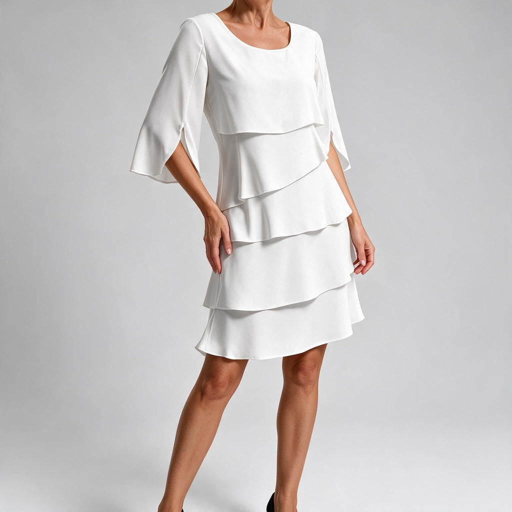 Annette | Womens Wedding Guest Round Neck Tiered Patchwork Midi Dress