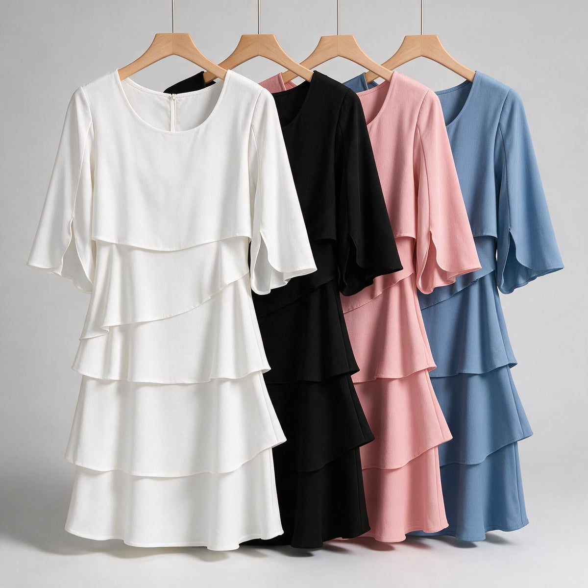 Annette | Womens Wedding Guest Round Neck Tiered Patchwork Midi Dress