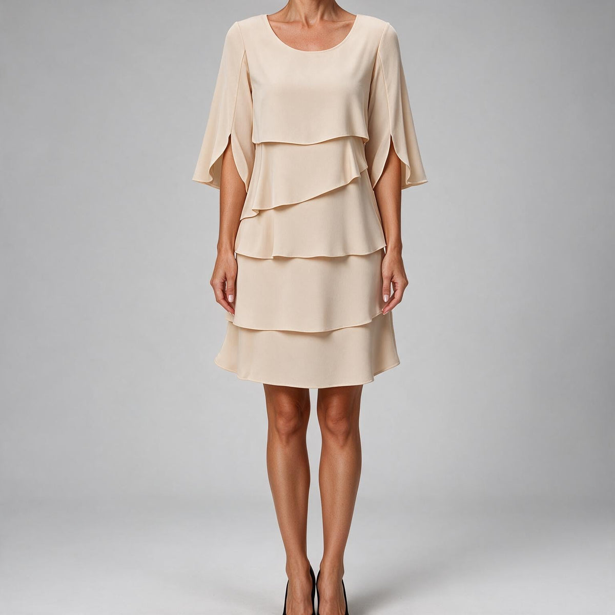 Annette | Womens Wedding Guest Round Neck Tiered Patchwork Midi Dress