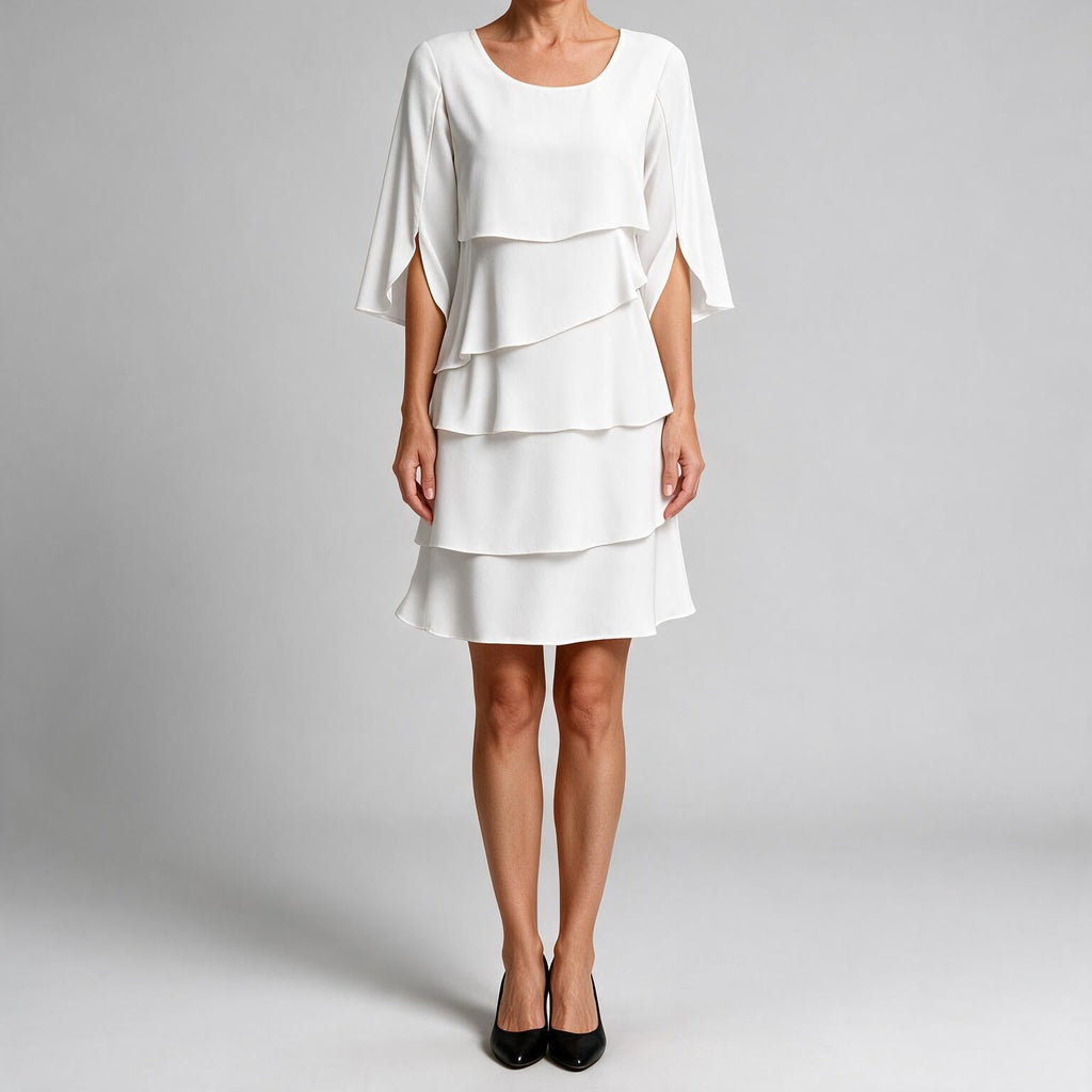 Annette | Womens Wedding Guest Round Neck Tiered Patchwork Midi Dress