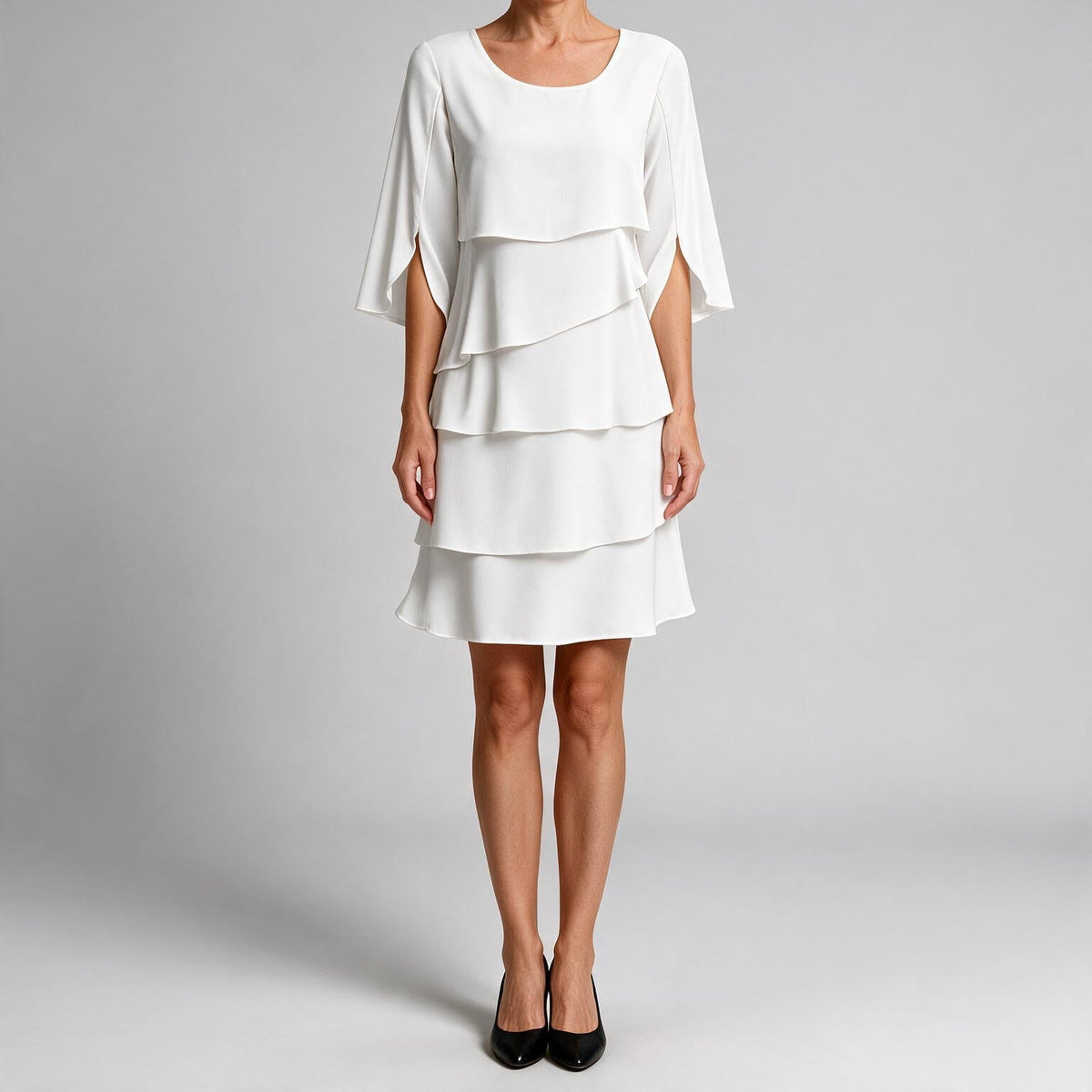 Annette | Womens Wedding Guest Round Neck Tiered Patchwork Midi Dress