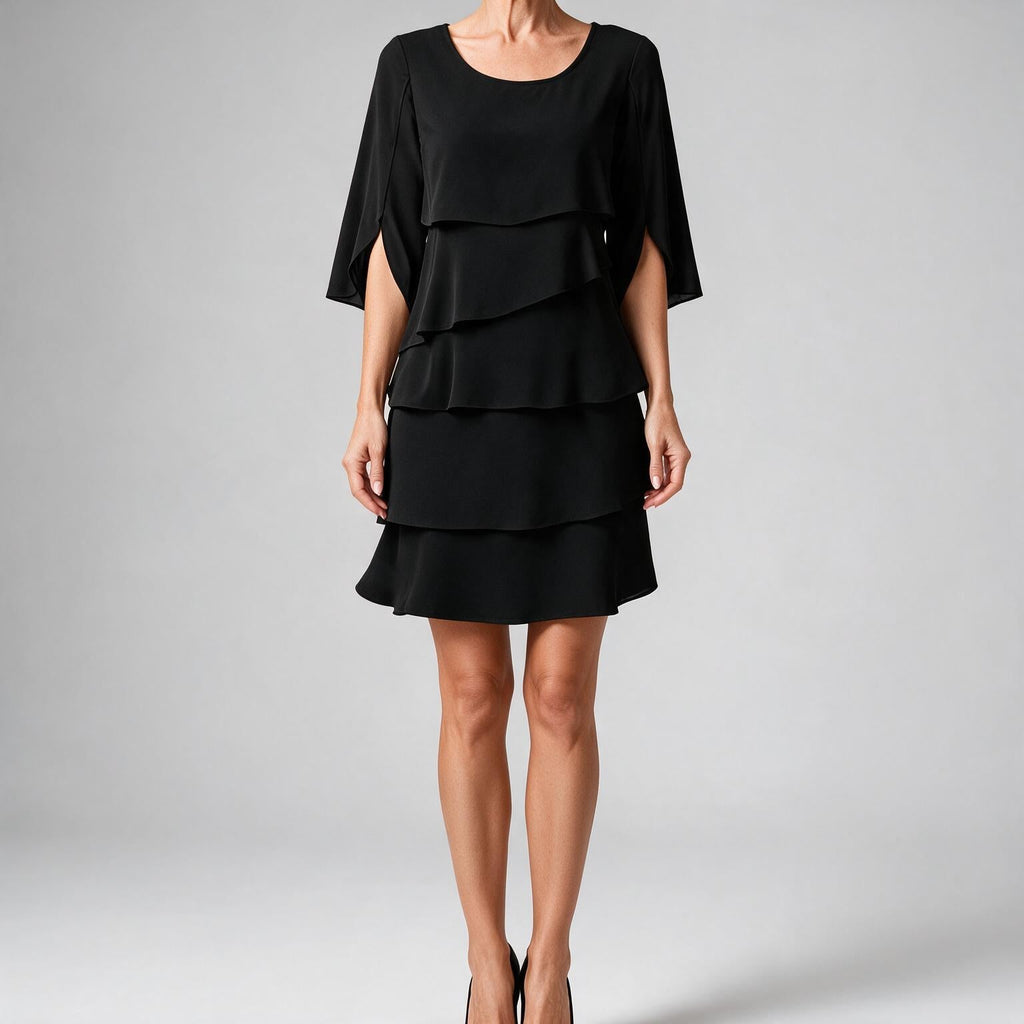 Annette | Womens Wedding Guest Round Neck Tiered Patchwork Midi Dress