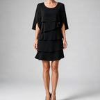 Annette | Womens Wedding Guest Round Neck Tiered Patchwork Midi Dress