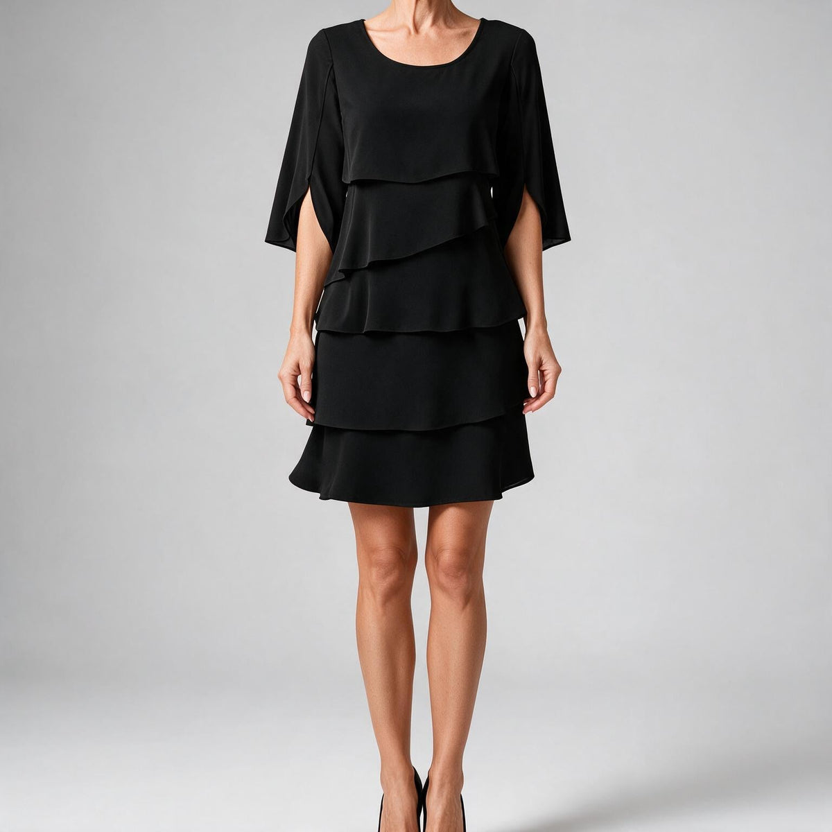 Annette | Womens Wedding Guest Round Neck Tiered Patchwork Midi Dress