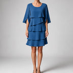 Annette | Womens Wedding Guest Round Neck Tiered Patchwork Midi Dress