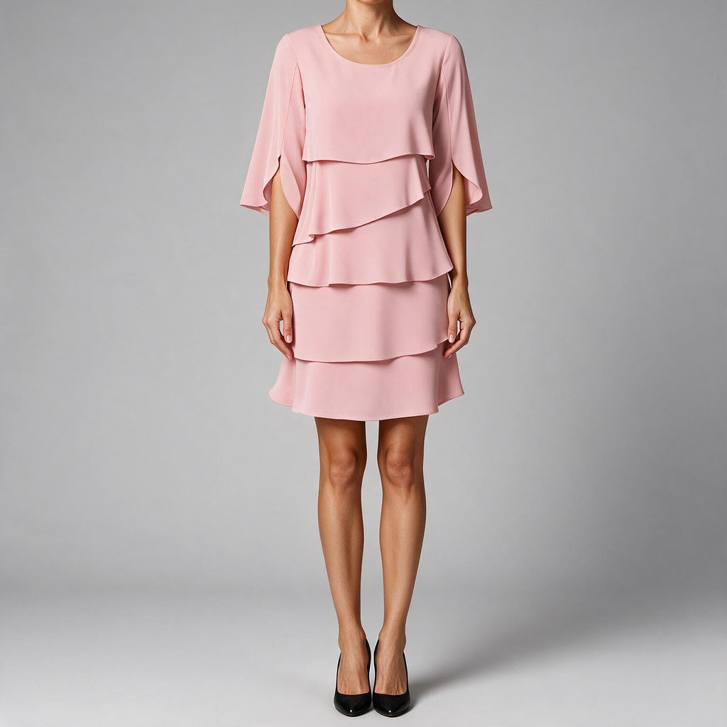 Annette | Womens Wedding Guest Round Neck Tiered Patchwork Midi Dress